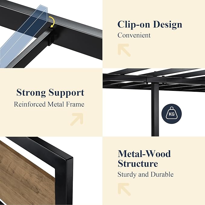 Allewie Queen Bed Frame with Headboard, Heavy Duty Metal Platform Base with Strong Support, Underneath Storage Space, Stable Mattress Foundation, No Box Spring Needed, Brown