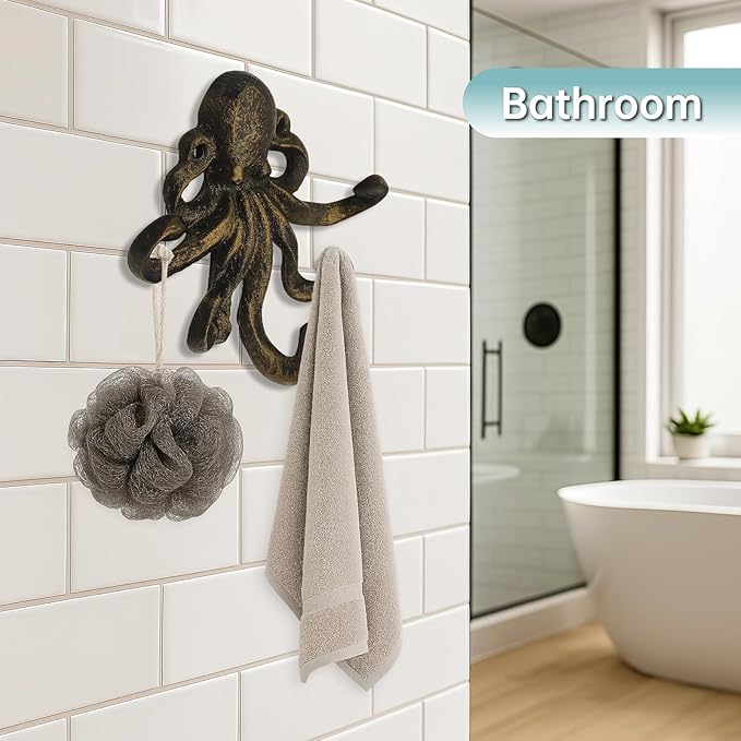Octopus Cast Iron Wall Hook – Nautical Decorative Key Holder, Coastal Ocean Theme Animal Hook for Entryway, Bathroom, or Bedroom, Heavy Duty Antique Bronze