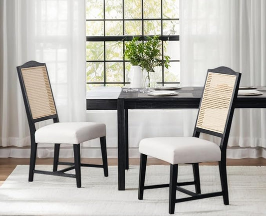 EALSON Rattan Dining Chairs Set of 2 Linen Upholstered Dining Room Chairs with Cane Back Mid Century Modern Kitchen Chairs Black Wood Frame Side Chair for Dining Room, Beige
