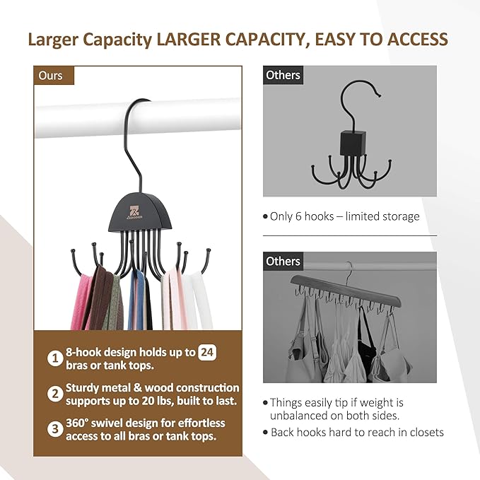 ZEDODIER 2 Pack Tank Top Hanger, Rotatable Bra Organzier for Closet, Max 48 Storage Capacity Sport Bra Holder, Space Saving Closet Organizers and Storage, Black