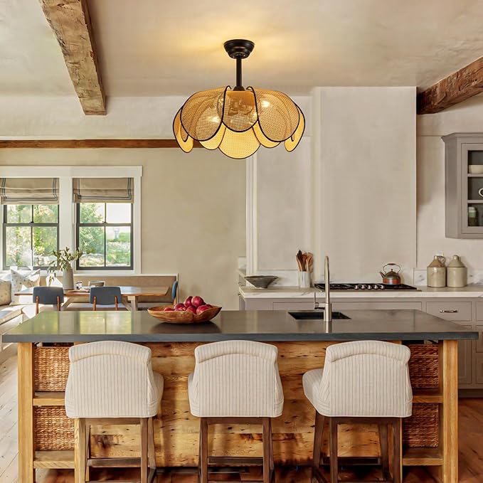 Rattan Fandelier Ceiling Fans with Lights,Boho Black Chandelier Ceiling Fan with Light Remote,Flush Mount Chandelier Ceiling Fan with 6 Speeds Fandelier for Bedroom, Living Room,Kitchen,26inch