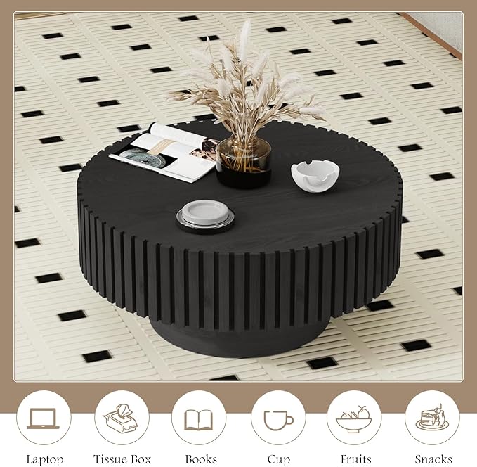 Fluted Coffee Tables 31.5" Round Wood Coffee Table Modern Handcraft Drum Coffee Tables with Sturdy Pedestal Unique Coffee Table for Living Room Home Office (Round Black)