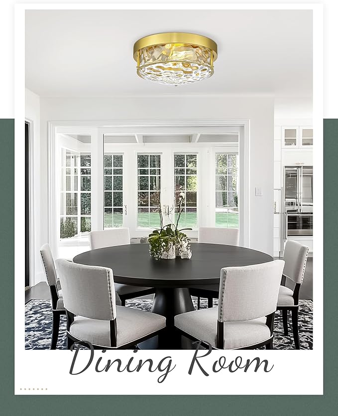 Polished Gold 12" Ceiling Fixture – Hammered Glass, Farmhouse-Inspired Flush Mount for Bedroom, Living Room, or Dining Area - CKCL4822-2W-HGPG