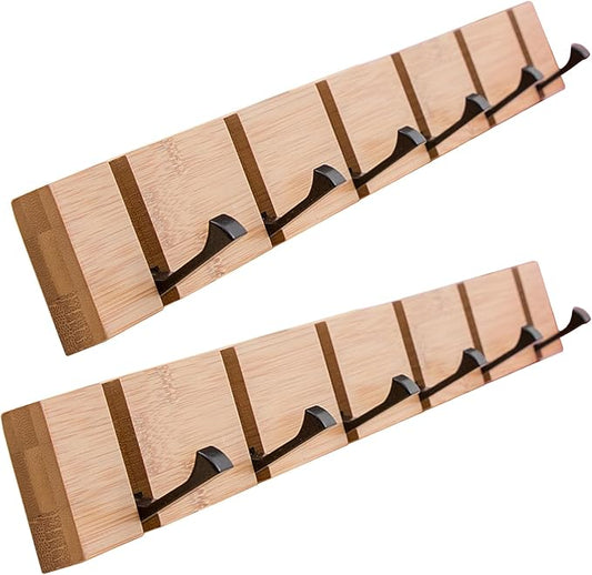 2 Pack Wooden Wall Mounted Folding Rack, Modern Wall Floating Coat Hook Rack Space– Natural 6 Hooks