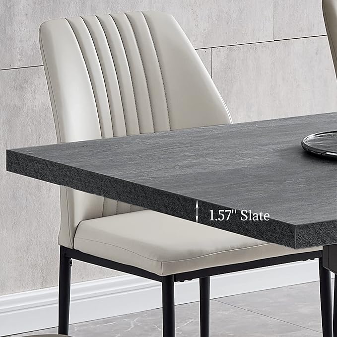 ZckyCine 6-8 People Modern Rectangular Kitchen Dining Table Extendable Dining Table Set for 6, 63–79 inch, Space-Saving Gray Table with 6 White PU Leather Cushioned Chairs, Metal Frame, Easy Assembly