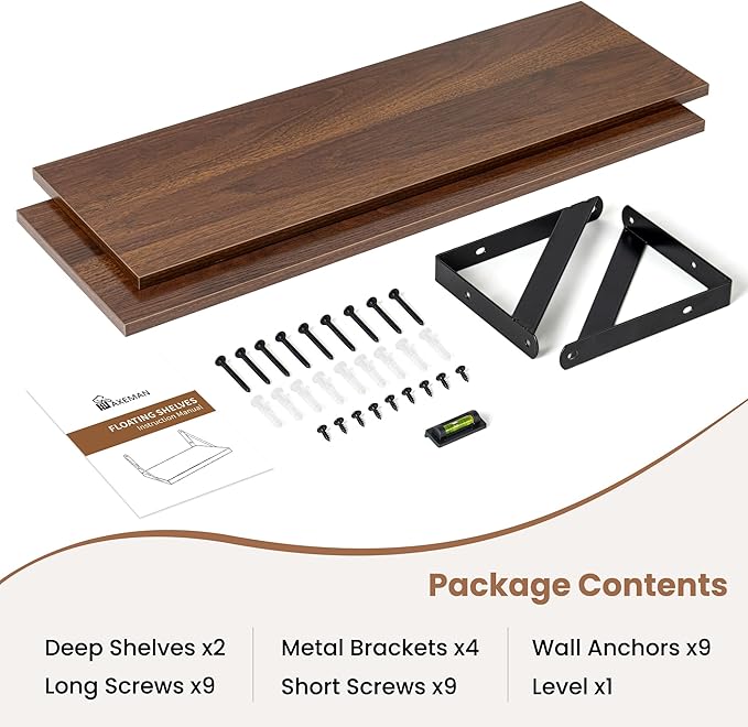 Axeman 24 Inch Floating Shelves | 8 Inch Deep Walnut Wall Shelves Set of 2 | 24W x 8D Rustic Wood Shelves for Bookshelf Living Room Bedroom Home Office Bathroom