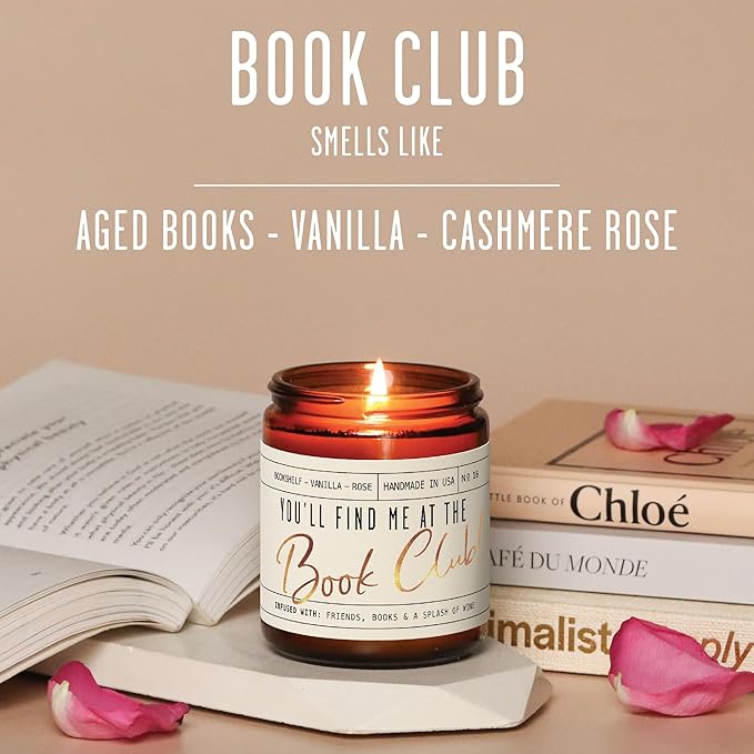 Book Lovers Gifts for Women - 'You'll Find Me at The Book Club' Candle, Old Library, Vanilla, Rose I Bookish Gifts for Women Readers I Reading Accessories for Reading Lovers I 50Hr Burn, USA Made