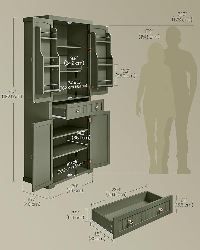 VASAGLE Pantry Cabinet, 15.7 x 30 x 71.7 Inches, Freestanding Tall Cupboard Storage Cabinet with a Drawer, 2 Cabinets, 6 Adjustable Shelves, for Living Room, Kitchen, Forest Green UBBK561C01
