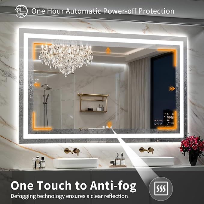 LED Mirror for Bathroom, 66x40 Inch Backlit + Front Lighted Bathroom Vanity Mirror with Lights for Wall, Double Light Strips, 3 Colors, Shatter-Proof, Anti-Fog and Brightness Memory