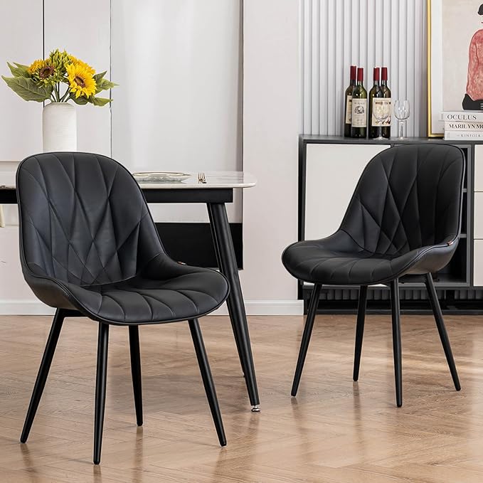 Rowill Black Dining Chairs Set of 2 - Upholstered Faux Leather Kitchen Chairs with Soft Cushion Backrest, Sturdy Metal Legs & Non-Slip Pads, Perfect Modern Design for Home Dining Room, Kitchen