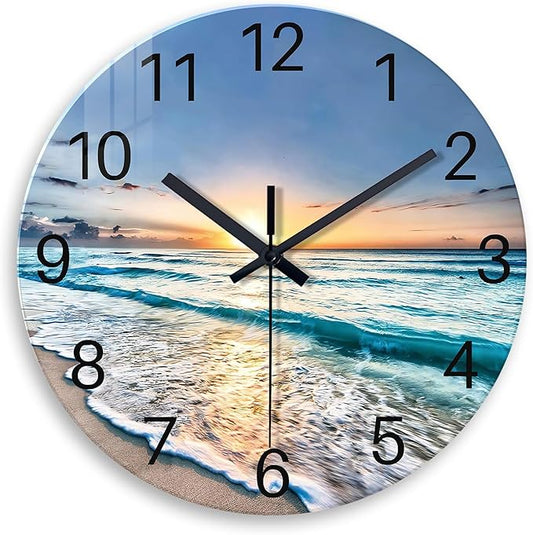 Coastal Glass Battery Wall Clock 24 Inch Blue Extra Large Clocks for Living Room Decor Round Quite Wall Clock Non Ticking