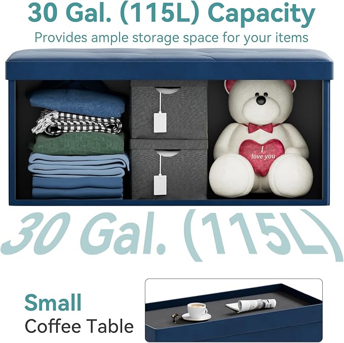 BRIAN & DANY Folding Storage Ottoman Bench, Ottoman with Storage, Foot Rest, Benches Seat for Bedroom, Living Room, Entryway, Long Shoes Bench, 15.7" x 31.5" x 15.7" Blue