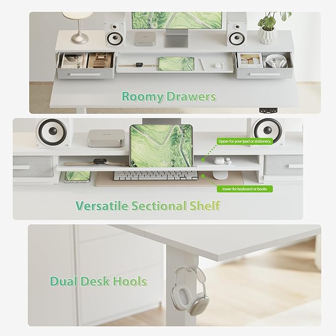 Agilestic 48 Inch Electric Standing Desk with Drawers, Adjustable Desk with Storage Shelf, Stand Up Home Office Computer Table, Splice Board, White