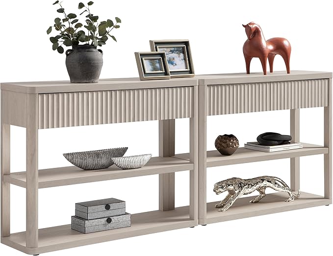 SICOTAS Fluted Entryway Table with Storage, 88.26" W Console Table with 4 Drawers & 4 Tier Storage Shelves, Modern Sofa Table Behind The Couch for Living Room, Entrance, Hallway, Foyer, White Alder