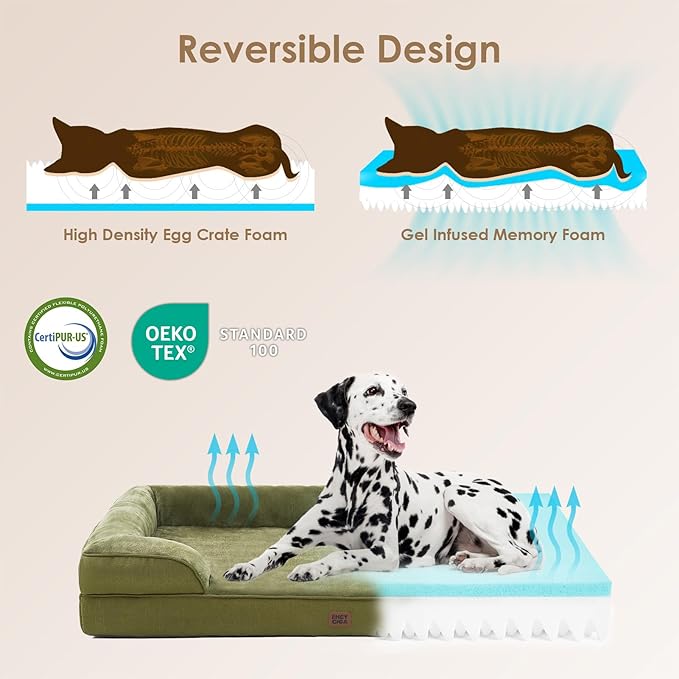 EHEYCIGA Orthopedic Dog Beds for Large Dogs, Waterproof Memory Foam Large Dog Bed with Sides, Non-Slip Bottom and Egg-Crate Foam Pet Couch Bed with Washable Removable Cover, Olive Green