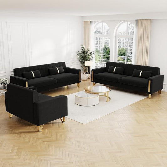 Couch 85.62" 3 Seats Sectional Velvet Fabric Sofa Easy Assemble Sofa Bed with 2 Couch Pillows,Gold Metal Legs for Living Room (P17, Black（3+3+1）)