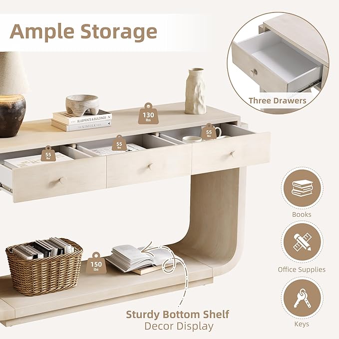 Merax 55" Entryway Table with 3 Drawers, Natural Wood Grain Finish Console Table with Fluted Design for Entryway and Living Room (Beige)
