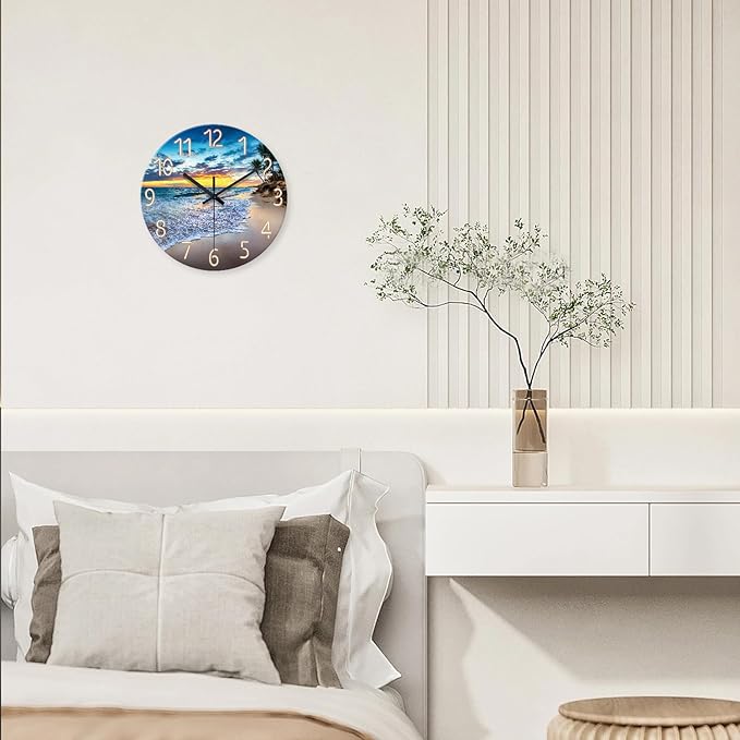 Glass Beach Wall Clock for Living Room Large Clocks for Walls Non Ticking Wall Clock Battery Operated 20 Inch