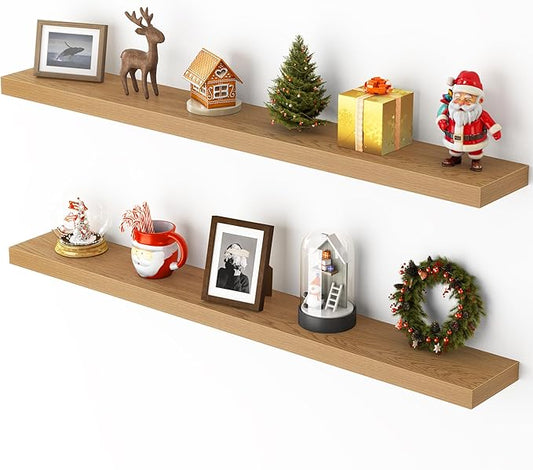 Heimlove 48 Inch Floating Shelves for Wall,Extra Long Wood Shelves Mounted Storage Hanging Shelf Invisible Bracket for Bedroom,Living Room,Kitchen,Office,Set of 2,Oak Color