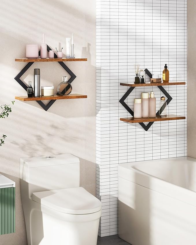 IBUYKE Floating Shelves,15 Inch Wall Shelf Set of 2,Wall Mounted Shelves,2 Tier Hanging Decorative Storage Shelf for Living Room, Bedroom, Bathroom, Kitchen TFS003H-2