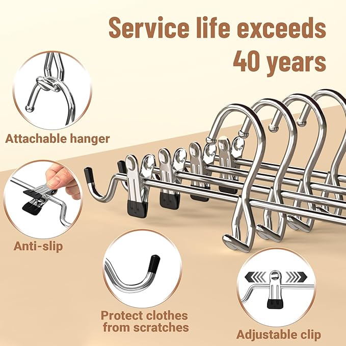 Pants Hangers Space Saving,Stackable Skirt Hangers with Clips, Hanging Closet Organizer and Storage,Clothes Hangers, College Dorm Essentials Apartment Essentials- 8 Pack