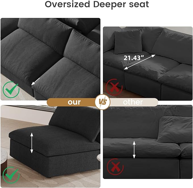 WJShome Cloud Modular Sectional Couch, 120.45" Convertible Couch - 3 Seater for Living Room, Minimalist Deep Sofa, Washable & Replaceable Sofa Covers (Black)