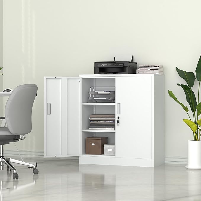 Metal Storage Cabinet with Locking Doors and 2 Adjustable Shelves, Small Lockable Steel Storage Cabinets for Home Office Garage Kitchen Pantry (White)