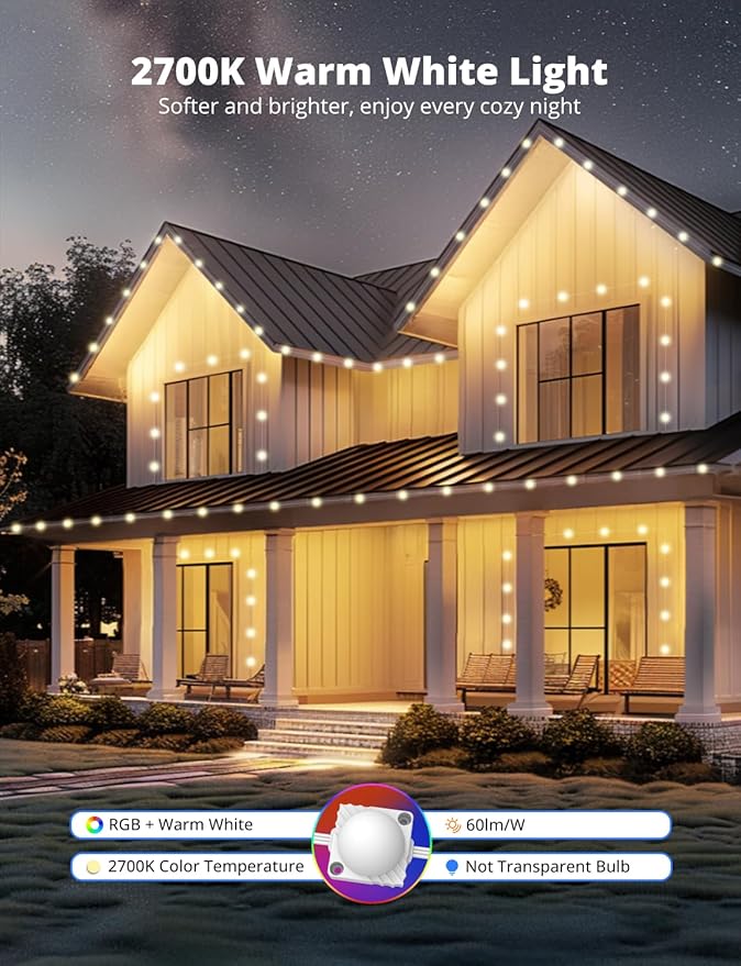 APPECK Permanent Outdoor Lights for House, 100ft with 90 LEDs, 60lm Warm White with Solid Cover, RGBW Smart LED Strip Lights IP65 Waterproof, with Alexa, for Eaves Garage Porch Christmas Decor