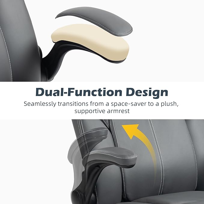 Office Chair - Executive Leather High Back Office Desk Chair with Rocking Function - Ergonomic Breathable Comfortable Wide Swivel Rolling Gaming Computer Chair with Flip-up Armrests & Lumbar Support