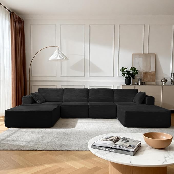 137” Modular Sectional Sofa Couch, 4-Seater U-Shape Sofa with Ottoman, Memory Foam Compressed Sofa, Free Combination Couch for Living Room,No Assembly Needed (Black, 4 Seats+ 2 Ottoman)