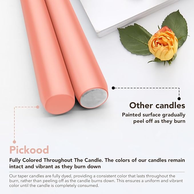 New Burning Formula Unscented Dripless 12-Inch Taper Candles Set of 12 - Rose Gold, for Wedding, Dinner - Smokeless, Long Burning - Hand Poured, Colored Tall Candlesticks - Oro Rosa