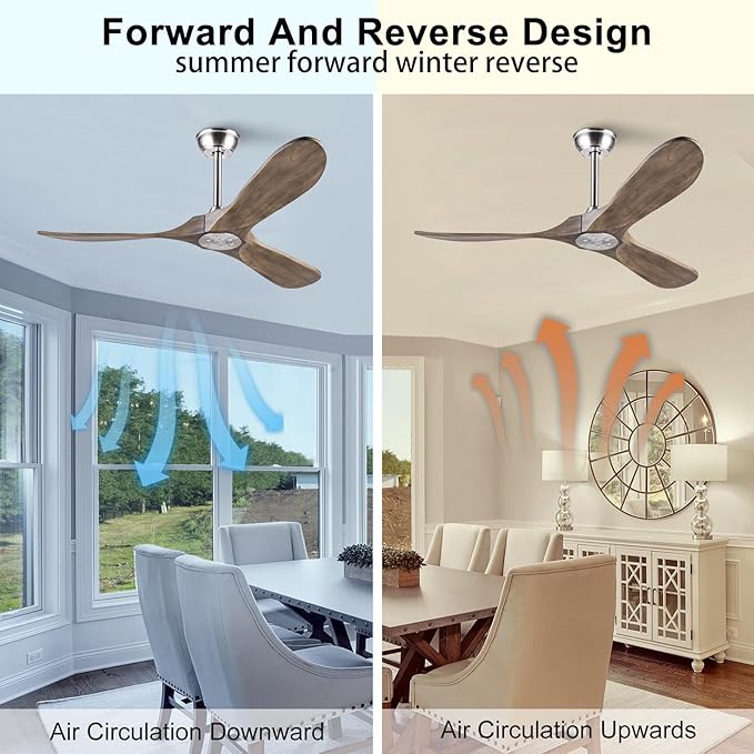 52 inch Ceiling Fan without Light, Quiet Reversible DC Motor Wood Ceiling Fan no Light, 3 Blades Modern Ceiling Fan with Remote Control for Outdoor Indoor Farmhouse Patios