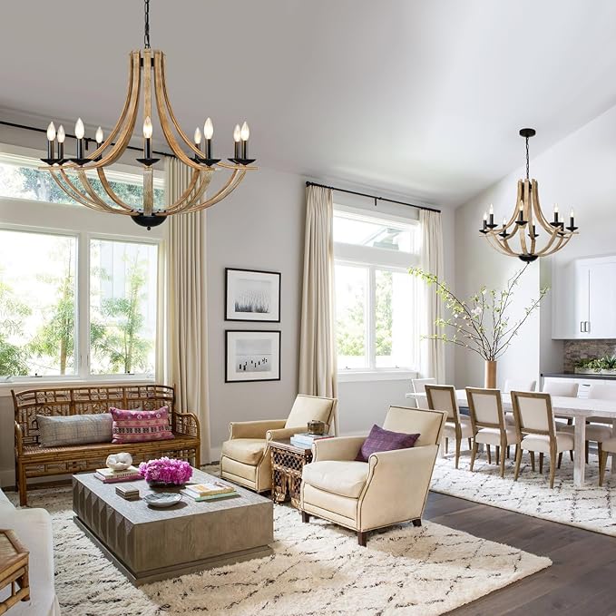 Farmhouse Chandeliers for Dining Room Light Fixture, 10-Light 35" Adjustable Height Retro Faux Wood Texture Rustic Light Fixtures for Living Room Bedroom Kitchen Island Foyer Entryway