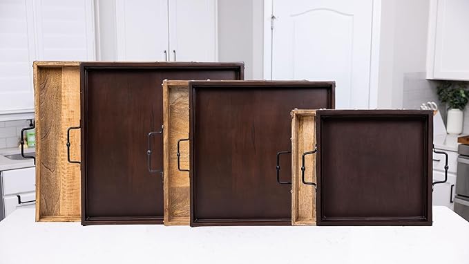 24"x24" Extra Large Square Ottoman Tray, Heavy Duty Mango Wood, for Serving Tea, Breakfast in Bed, Living Room Large Coffee Table Tray Rustic with Farmhouse Style, Decorative Handles and Accent Strap