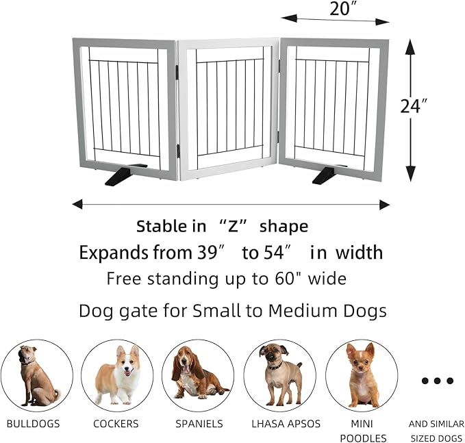 ZJSF Freestanding Dog Gate Indoor, Foldable Dog Fence for Doorways,Hallways or Stairs, Sturdy Wood Extra Wide Pet Gate with Support Feet,White,24 "Height-3 Panels