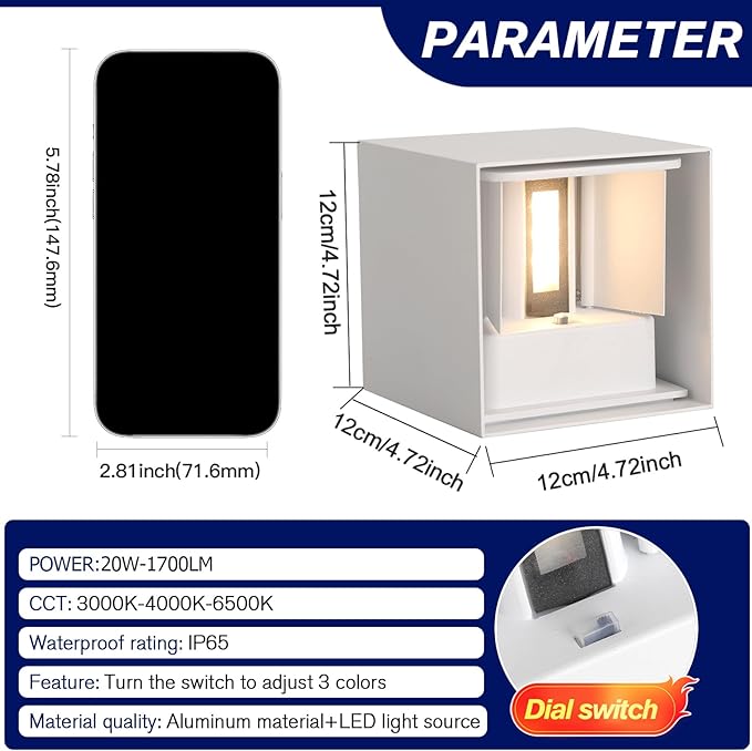 LED 20W Outdoor Wall Lights Exterior/Interior 3 Colors Adjustable Wall Sconce Up and Down Light Porch Lights IP65 Waterproof Exterior Wall Sconce Modern Outdoor Lighting Square Aluminum White