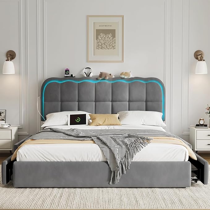 Queen Size Bed Frame with 4 Storage Drawers and LED, Adjustable Clouds Headborad, Velvet Upholstered Platform Queen Bed Frame with Charing Station, Wood Slats Support, No Box Spring Needed,Grey