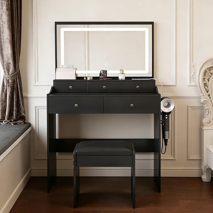 Ball & Cast Vanity Desk with Large Mirror & Power Outlet,3 Dimmable Colors Light Makeup Vanity Table Set with 5 Drawers & Chair,Adjustable Brightness Dressing Table for Women Girls Bedroom,Black