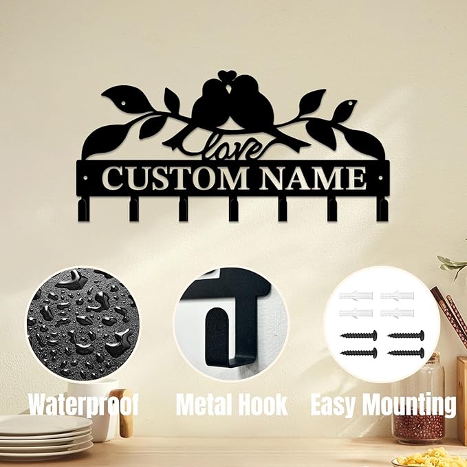 Personalized Custom Name Birds of Trees Wall Key Hooks,Metal Birds of Trees Art Clothes Hooks,Metal Birds of Trees Wall Home Storage Decorative,For Front Door, Hallway, Kitchen, Bedroom(Style E)