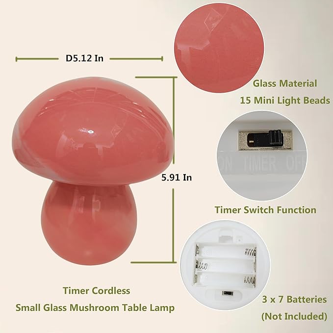 Mushroom Table Lamps Night Lights Cute Glass Nightstand Bedside Desk Lamps for Bedroom Living Study(Bulb Included) - Pink