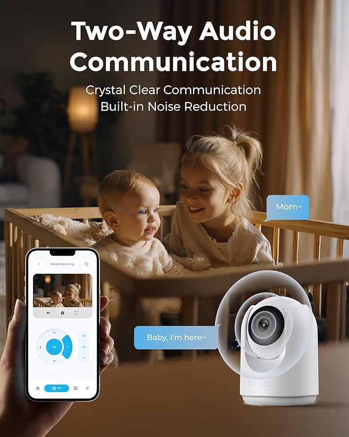 Devo Indoor Smart Cameras for Home Security 2K, 355 Pan-Tilt Human Pet Dog Baby Monitor Camera with Phone App, WiFi Home Camera Motion Detection, Color Night Vision 2-Way Audio, 256GB SD Card & Cloud