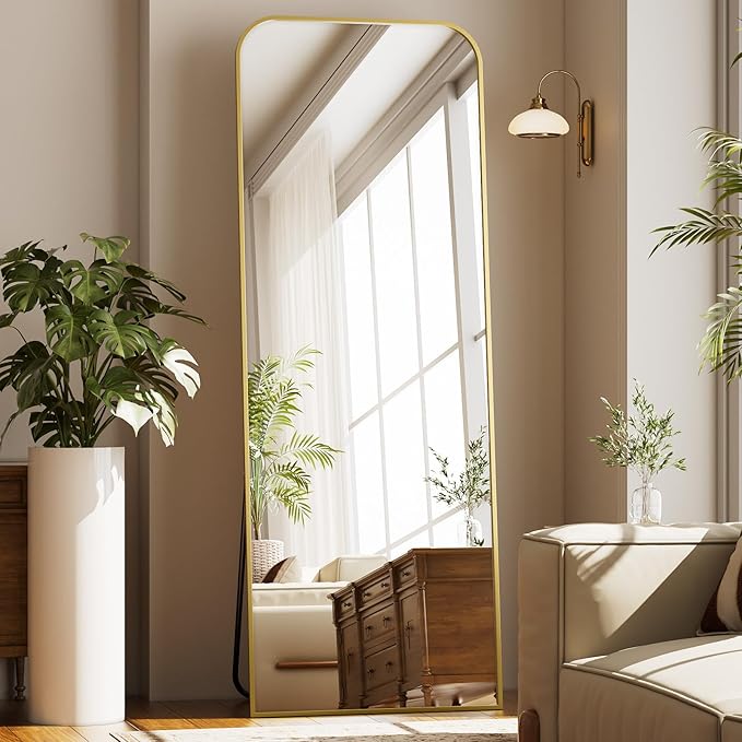 Full Length Mirror 65"x24" Arched Floor Standing Large Mirrors Full Body Mirror with Stand - with Aluminum Frame for Bedroom Living Room, Gold
