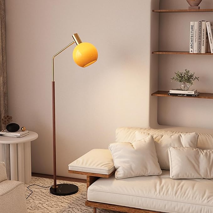 MIXL-Walnut Wood Finish Floor Lamp with Orange Shade,Dimmable Led Glass Standing Lamp,Farmhouse Style Floor Reading Lamps for Living Room Bedroom and Office