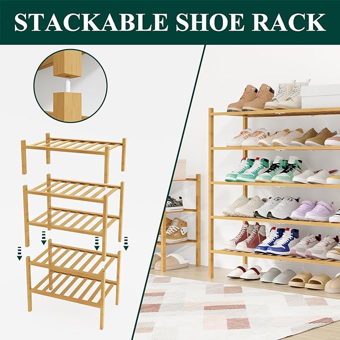 Smiry Shoe Rack, 5 Tier Long Bamboo Shoe Organizer, Stackable Free Standing Wooden Shoe Storage Shelf for Closet, Entryway, Front Door Entrance, Natural