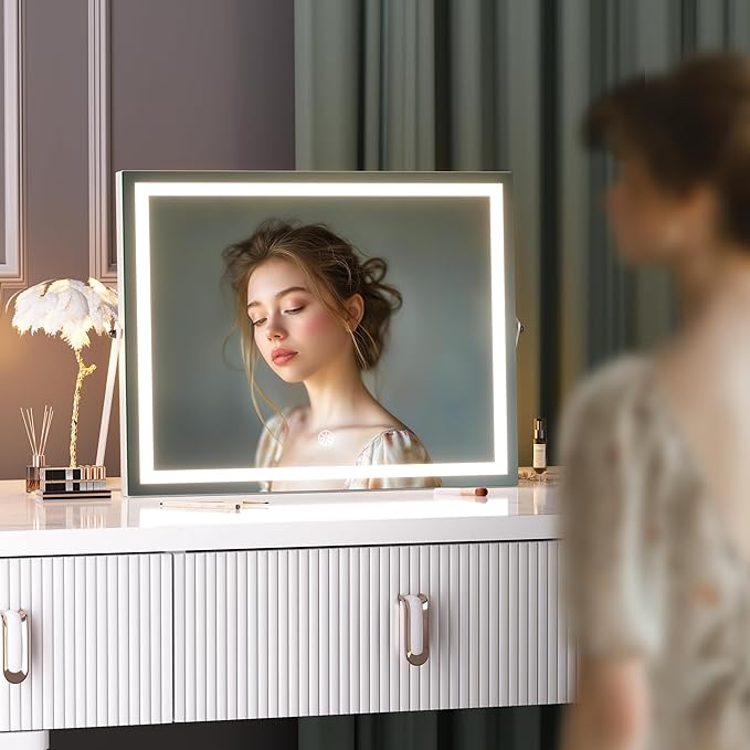 Hasipu Vanity Mirror with Lights and Bluetooth Speaker, 17.7" x 13.8" LED Makeup Mirror with 10X Magnification, Smart Touch 3 Colors Dimmable, Brightness Adjustment, 360° Rotation, White