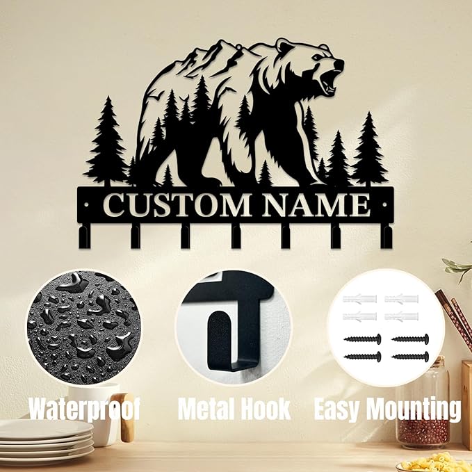 Personalized Custom Name Bear Key Wall Hooks,Metal Bear Keys Clothes Hooks,Metal Bear Wall Home Storage Decorative,For Front Door, Hallway, Kitchen, Bedroom,Keys,Hats (Style A)