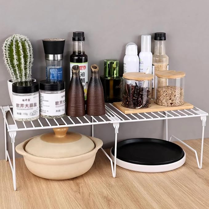 1/2-Piece Set freezer organizer,Stackable Cabinet Organizer Shelves,Foldable Pantry Shelf,Plate, Dish,Rustproof Metal Storage Organizer