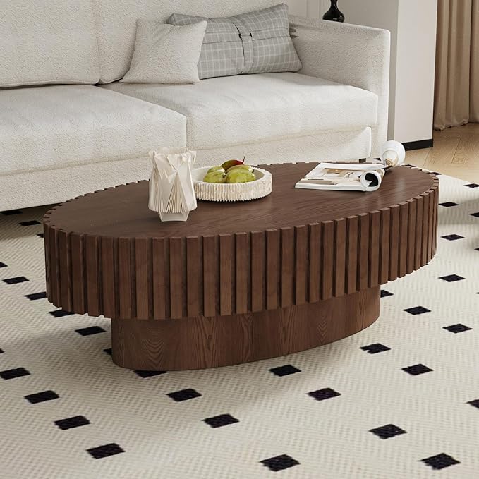 Oval Coffee Table for Living Room, 43.3'' Modern Handcraft Drum Coffee Table Unique Fluted Coffee Tables Wood Center Table End Table for Small Space, Farmhouse Apartment Office (Oval Brown)