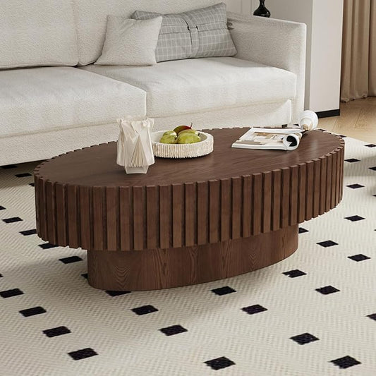Oval Coffee Table for Living Room, 43.3'' Modern Handcraft Drum Coffee Table Unique Fluted Coffee Tables Wood Center Table End Table for Small Space, Farmhouse Apartment Office (Oval Brown)