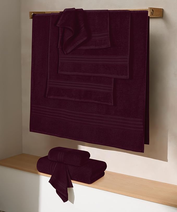 BOUTIQUO 100% Cotton Towel Set, Contains 4 Soft Bath Towel, 6 Hand Towels, 8 Wash Cloths - Compact Absorbent Lightweight & Quickdry Towels for Bathroom - 18 Piece Bathroom Towel Set - Burgundy